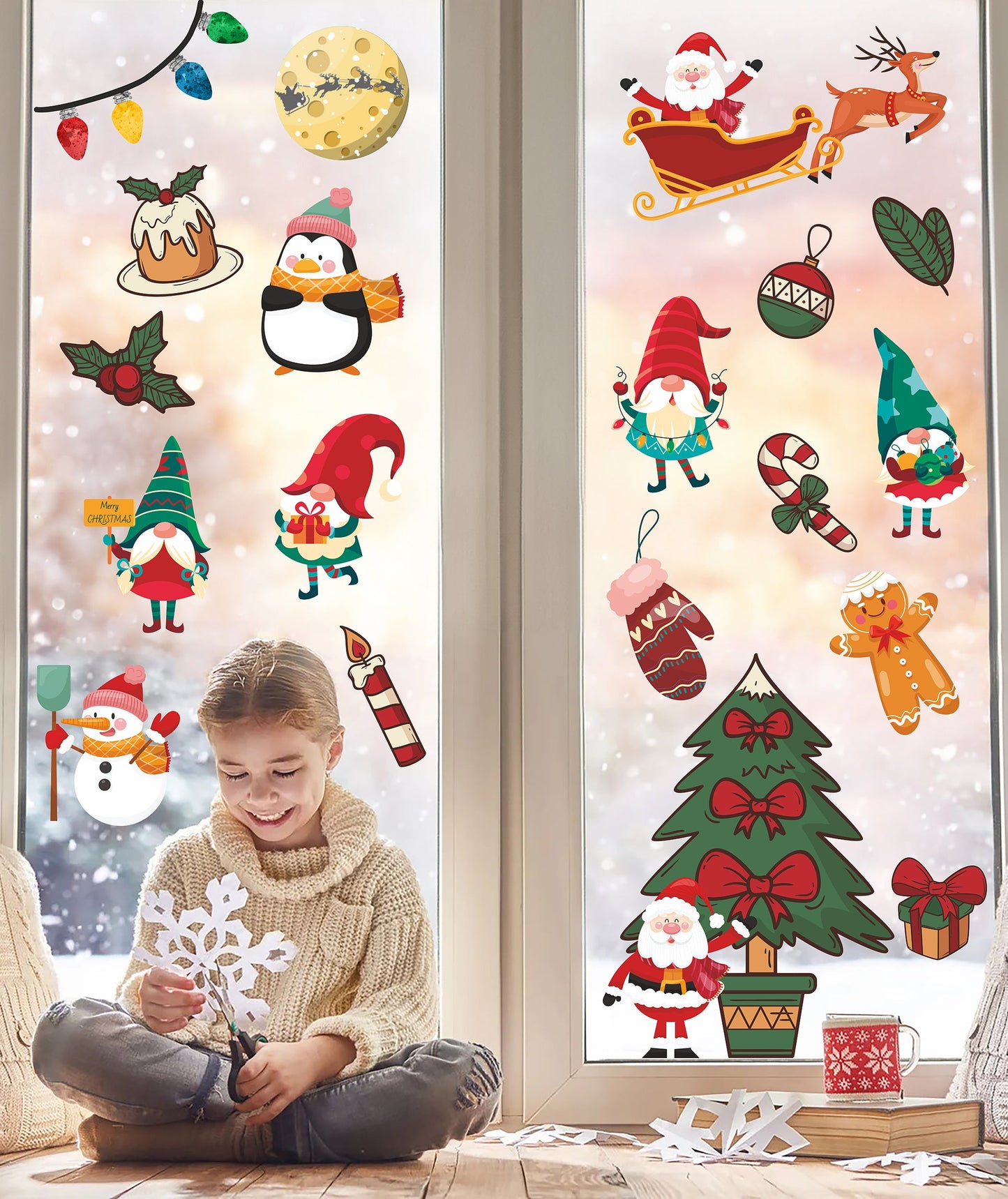 Yılbaşı Temalı Kardan Adam, Cüceler, Çam Ağacı Christmas Duvar Sticker Seti