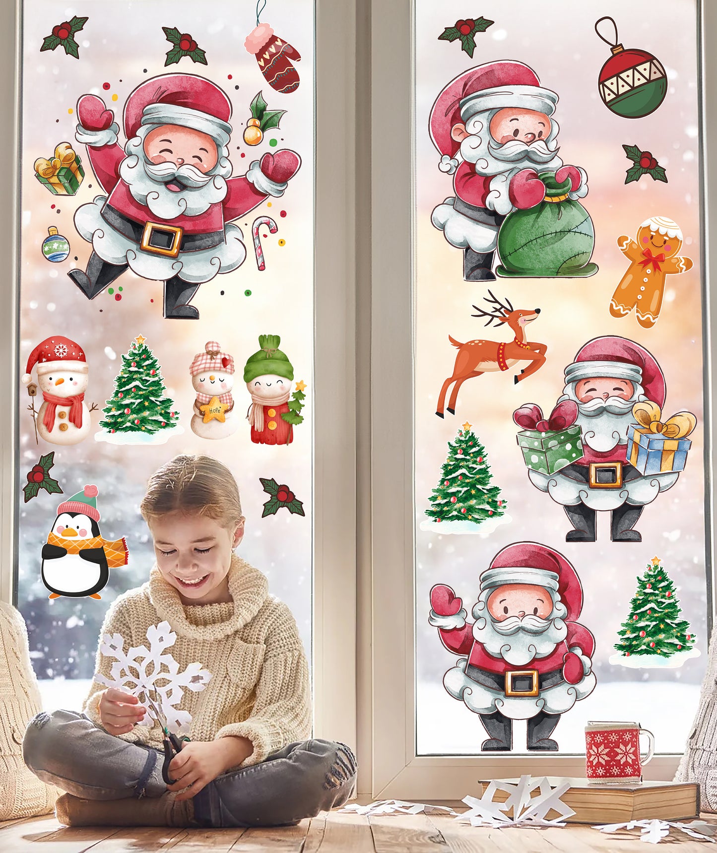 Yılbaşı ve Kış Temalı  Kardan Adam, Noel Baba, Çam Ağacı Christmas Süsleri, Cam, Duvar Sticker Seti