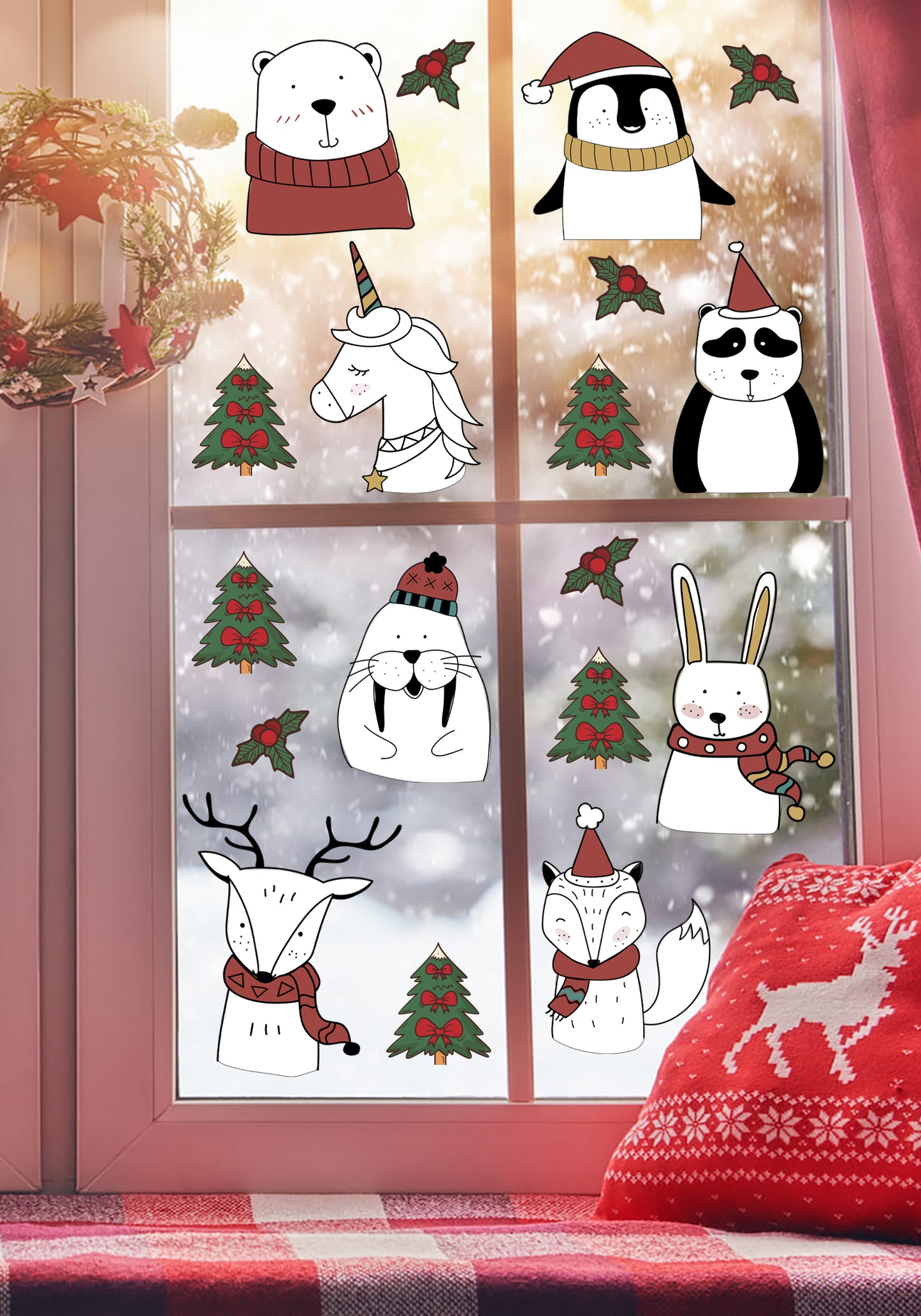 Kış Temalı Sevimli Hayvanlar Çam Ağacı Christmas Cam, Duvar Sticker Seti