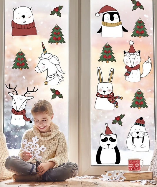 Kış Temalı Sevimli Hayvanlar Çam Ağacı Christmas Cam, Duvar Sticker Seti