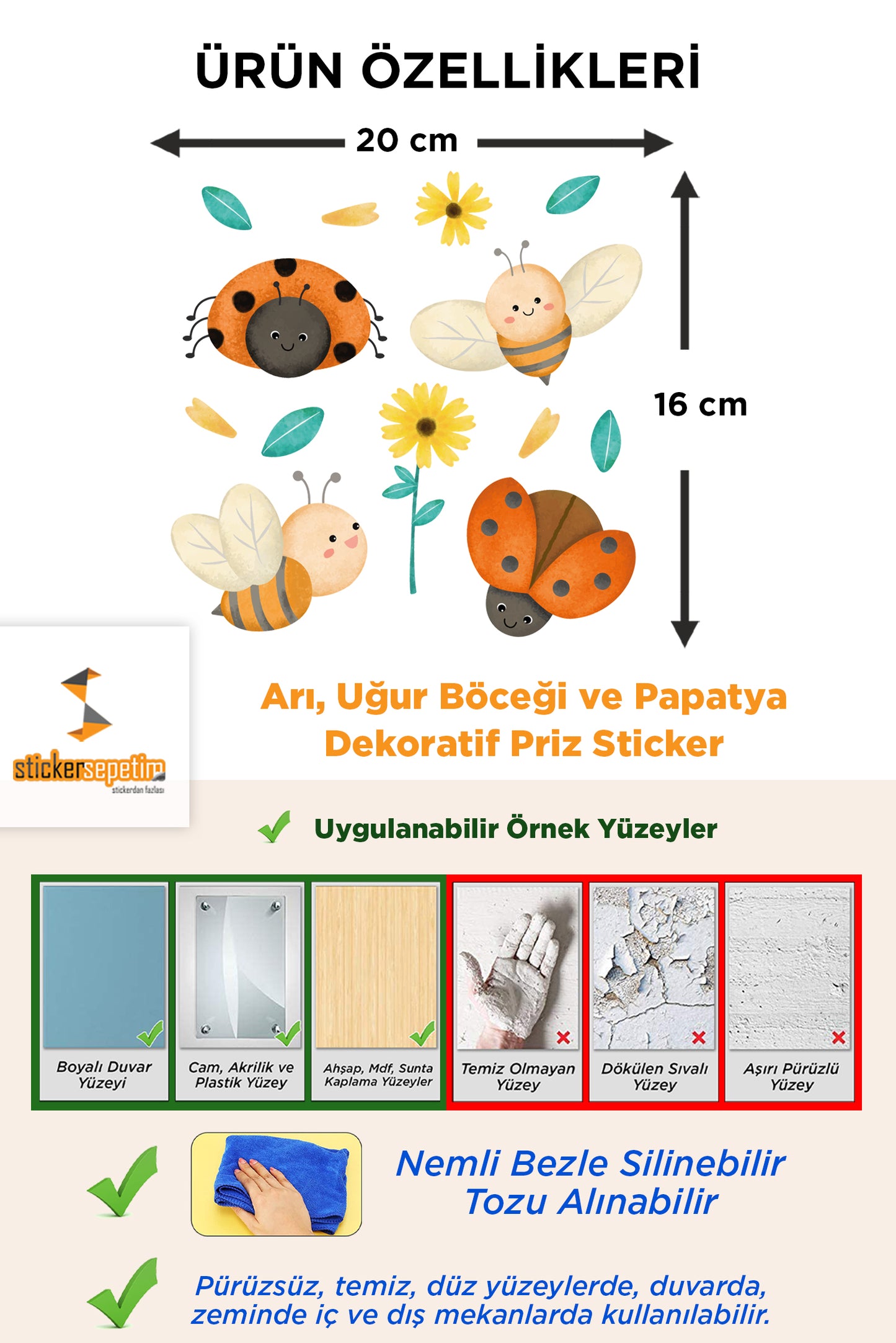 Arı, Uğur Böceği ve Papatya Dekoratif Priz Sticker