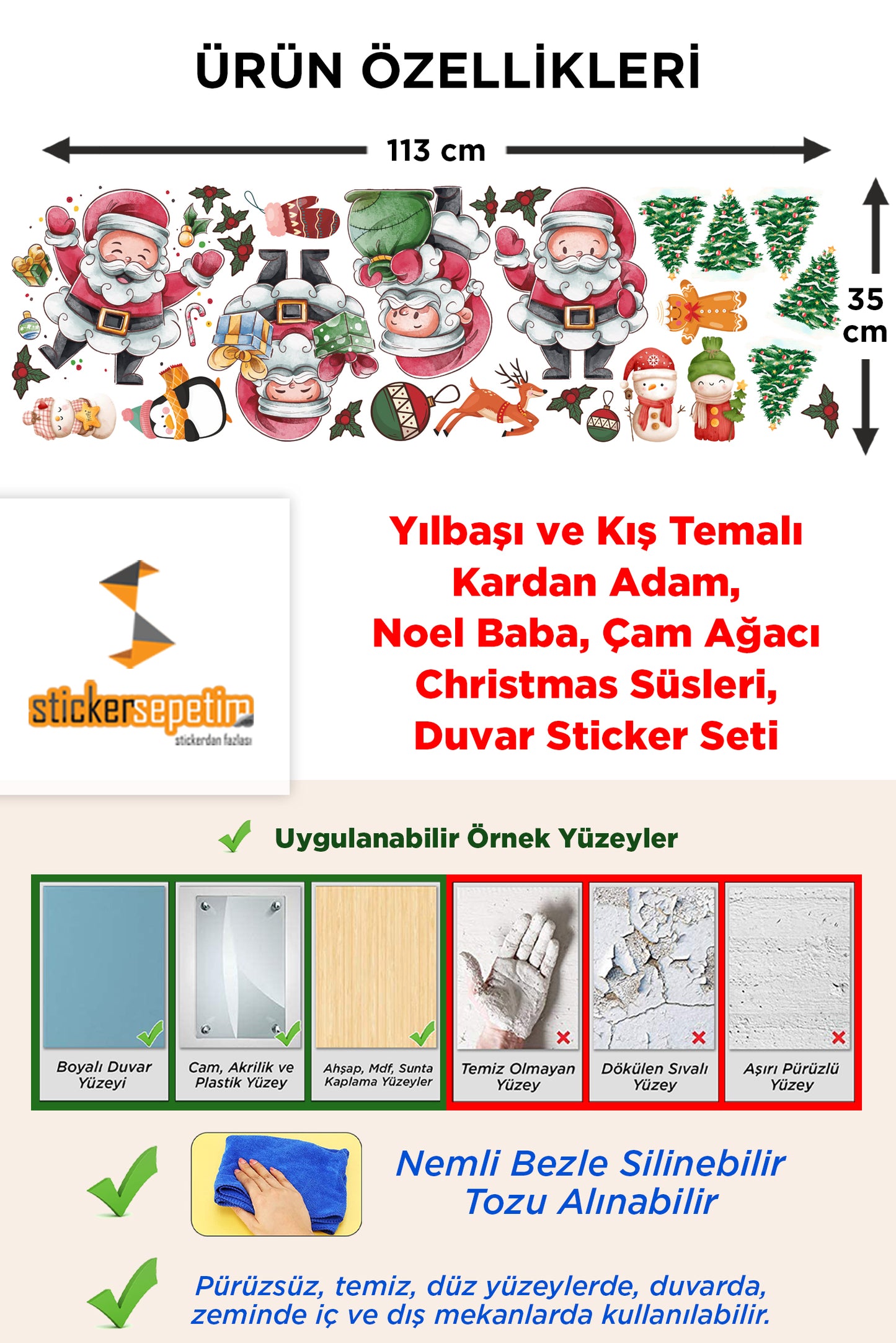 Yılbaşı ve Kış Temalı  Kardan Adam, Noel Baba, Çam Ağacı Christmas Süsleri, Çift Yönlü Şeffaf Cam, Duvar Sticker Seti