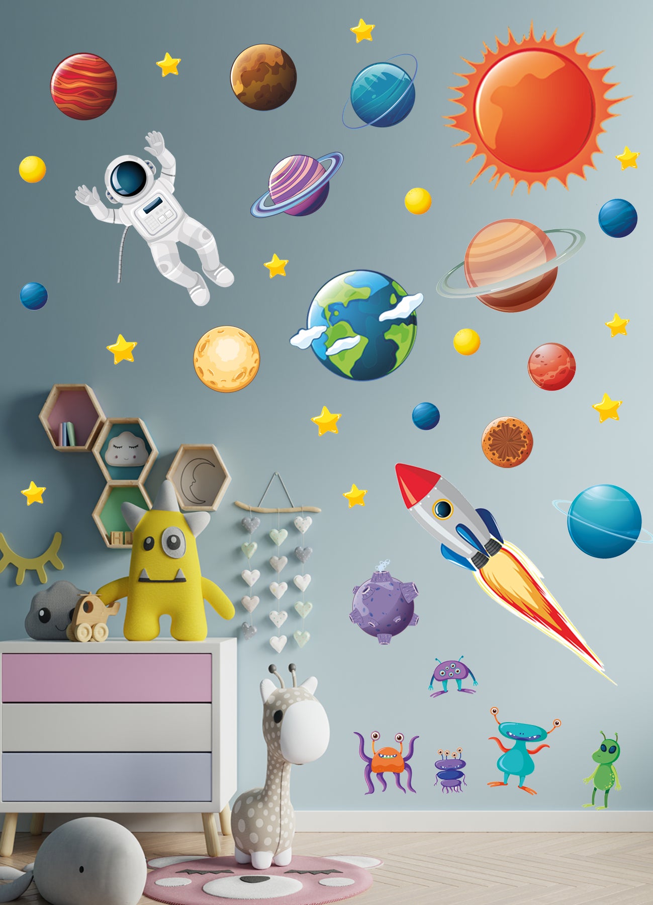 Astronot, Gezegenler, Yıldızlar, Astroit Uzay Objeleri Uzay Temalı Dekoratif Duvar Sticker