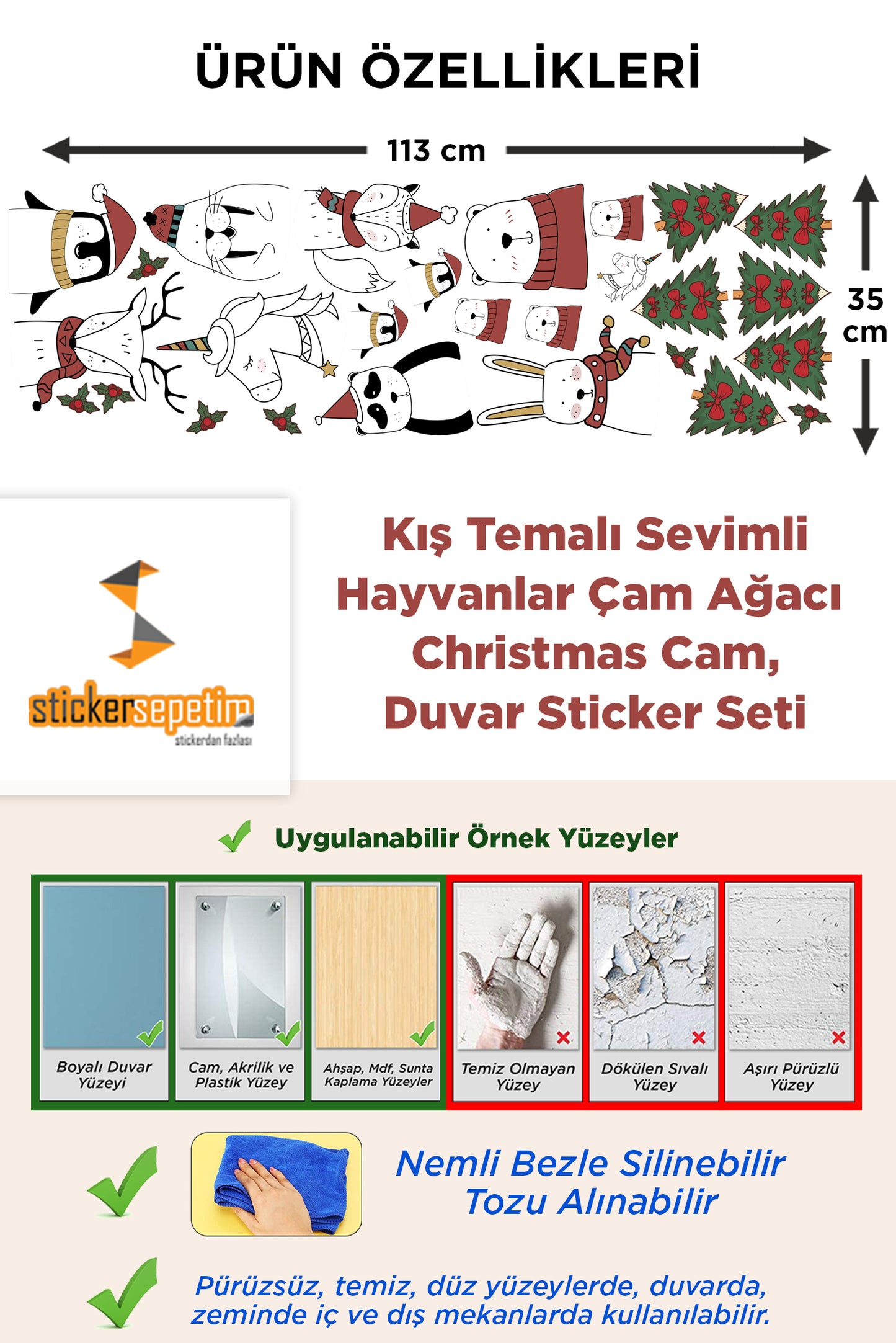 Kış Temalı Sevimli Hayvanlar Çam Ağacı Christmas Cam, Duvar Sticker Seti