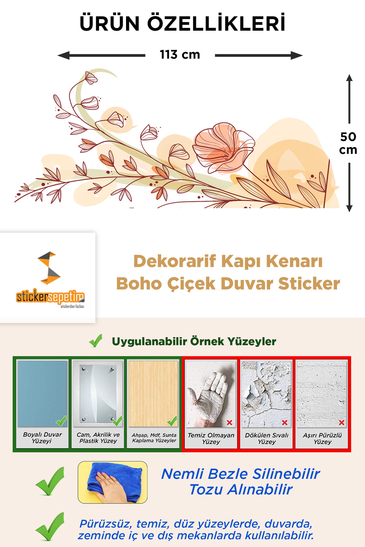 Dekorarif Kapı Kenarı Boho Çiçek Duvar Sticker