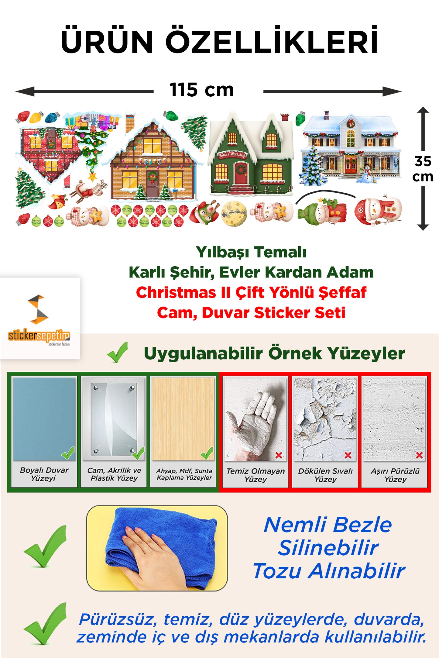 Yılbaşı Temalı Karlı Şehir, Evler Kardan Adam Christmas II Cam, Duvar Sticker Seti