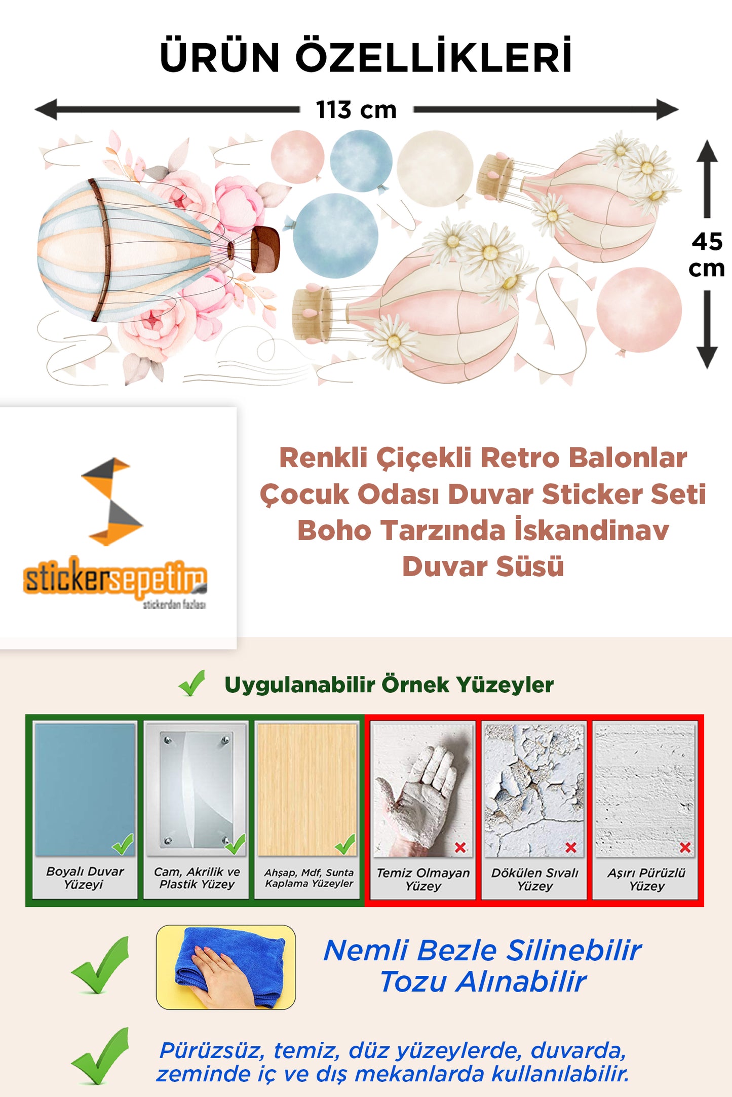 Renkli Çiçekli Retro Balonlar Çocuk Odası Duvar Sticker Seti - Boho Tarzında İskandinav Duvar Süsü