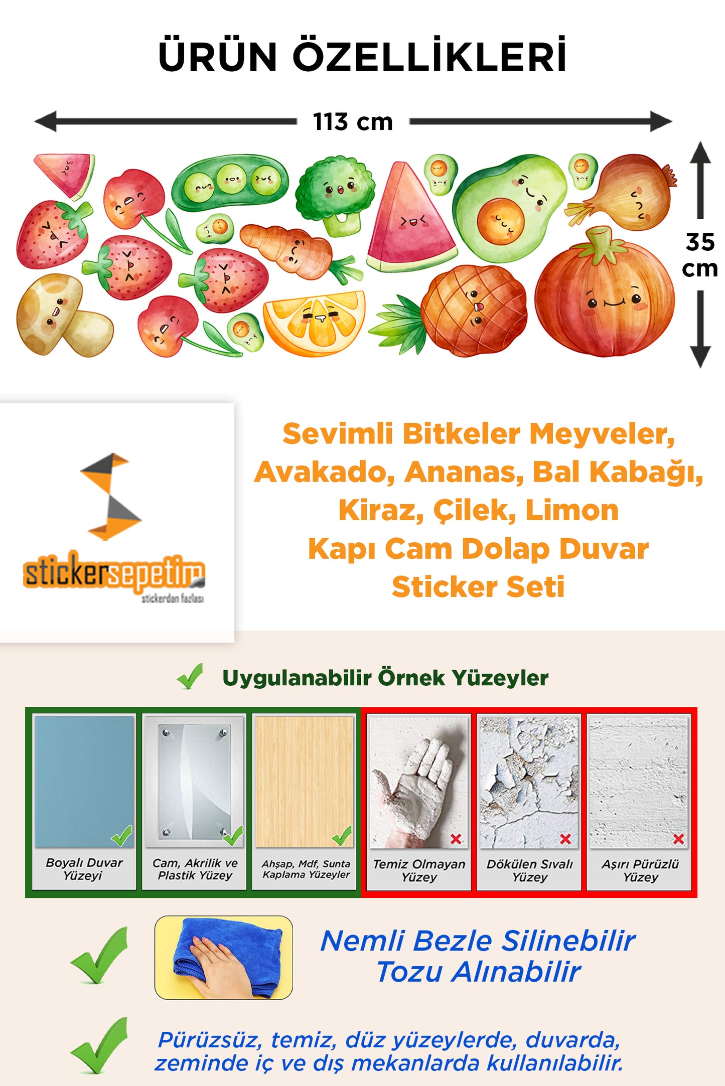 Sevimli Bitkiler Meyveler, Avakado, Ananas, Bal Kabağı, Kiraz, Çilek, Limon Kapı Cam Dolap Dekoratif Duvar Sticker Seti