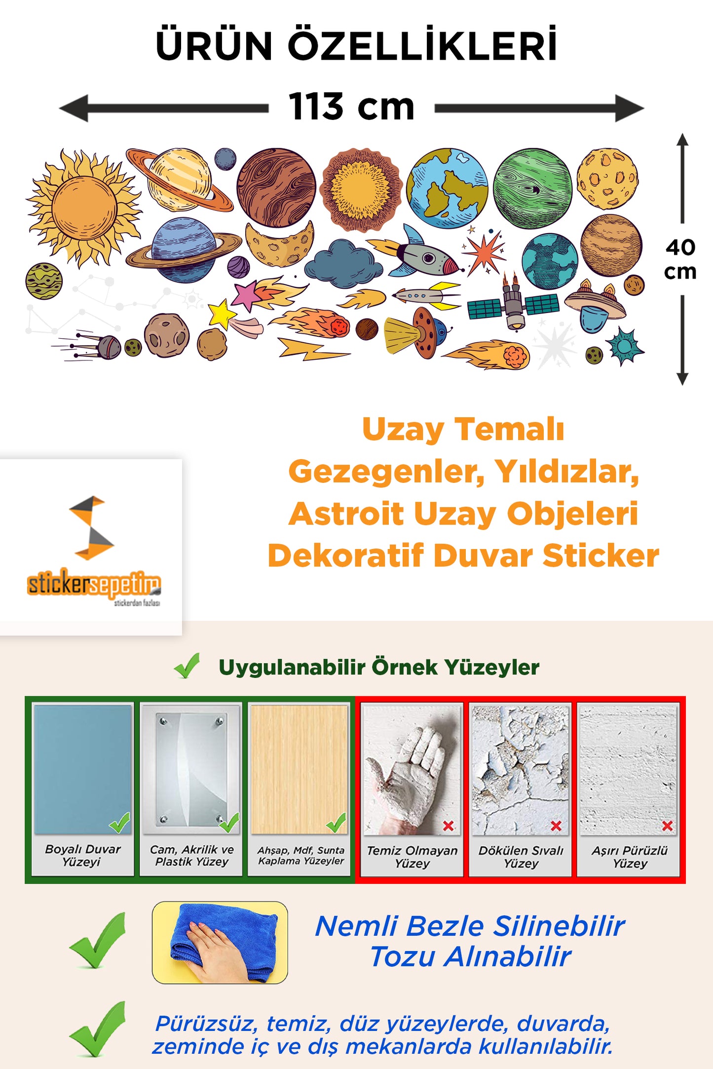 Uzay Temalı Gezegenler, Yıldızlar, Astroit Uzay Objeleri Dekoratif Duvar Sticker