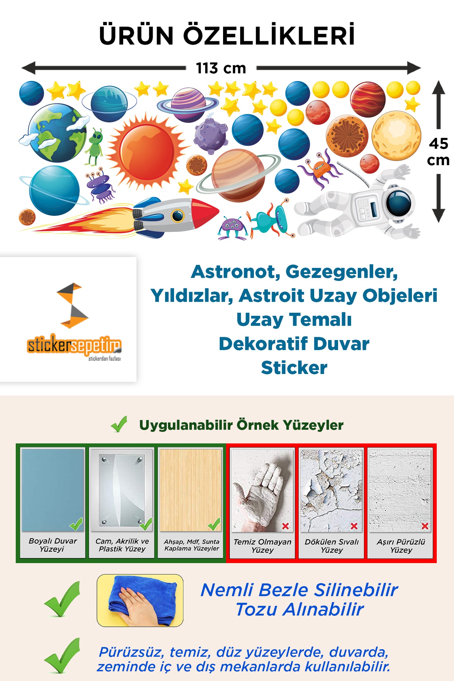 Astronot, Gezegenler, Yıldızlar, Astroit Uzay Objeleri Uzay Temalı Dekoratif Duvar Sticker