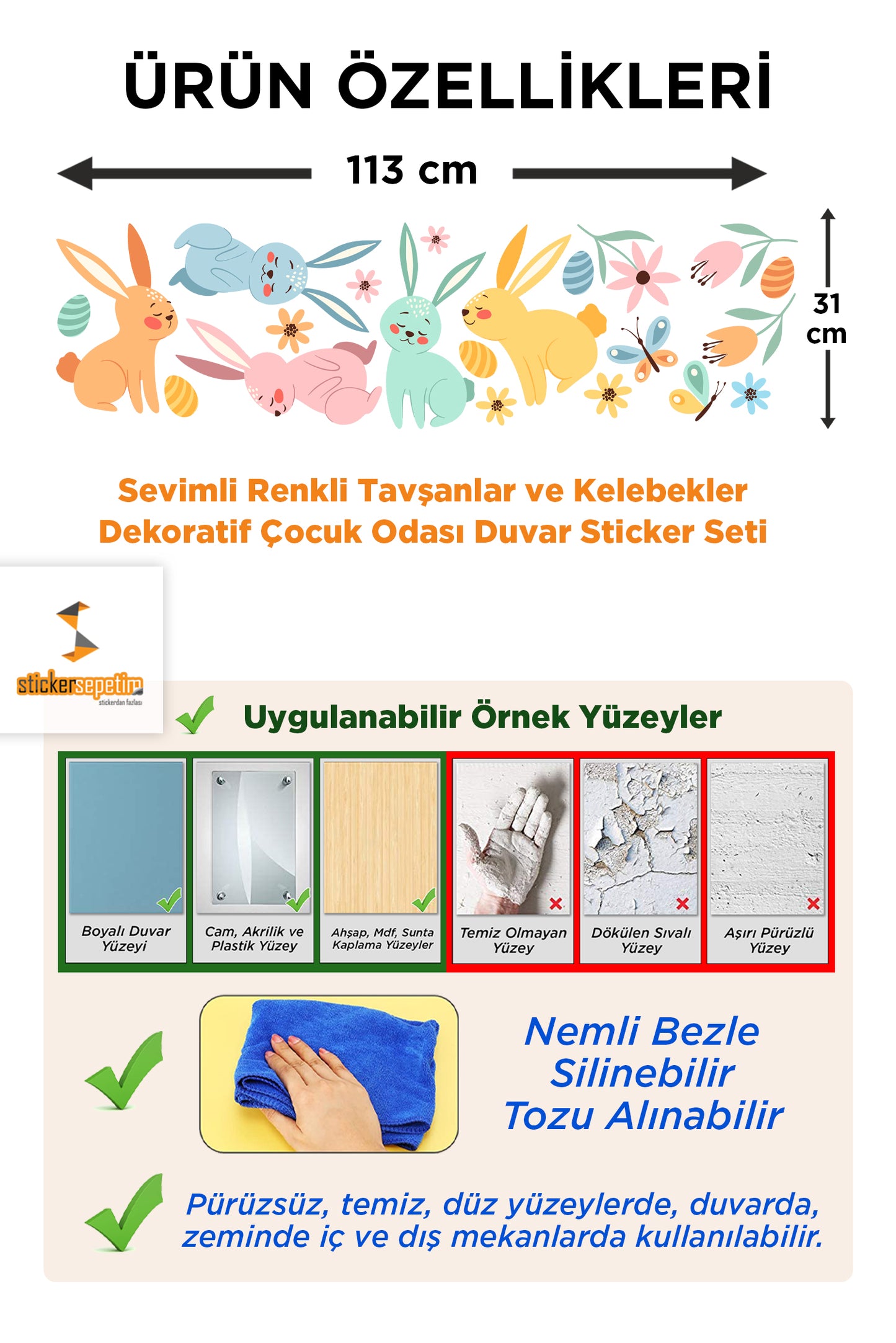 Sevimli Renkli Tavşanlar ve Kelebekler Dekoratif Çocuk Odası Duvar Sticker Seti