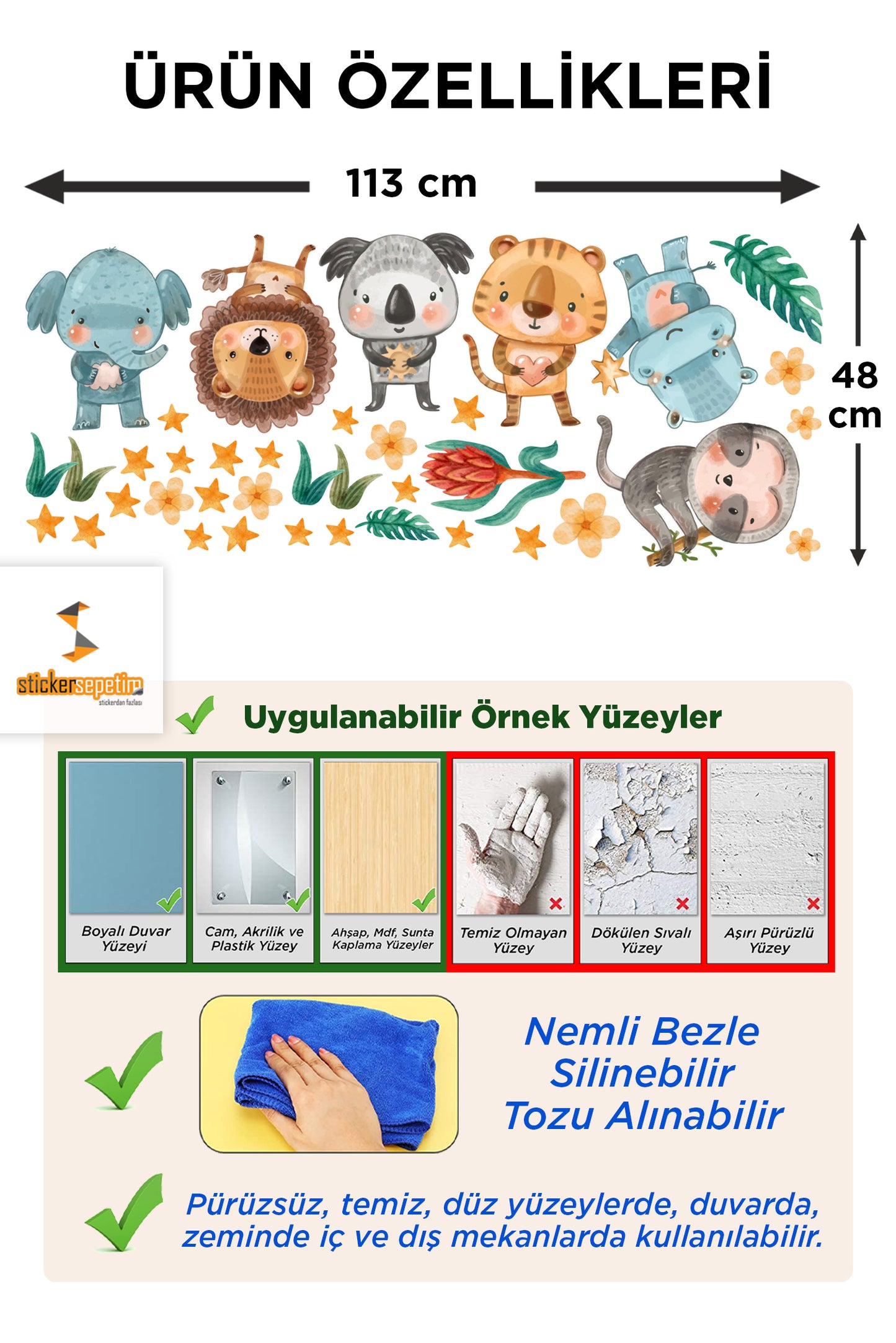 Minik Safari Sevimli Hayvanlar III Cam, Dolap, Kapı Sticker, Çocuk Odası Duvar Sticker