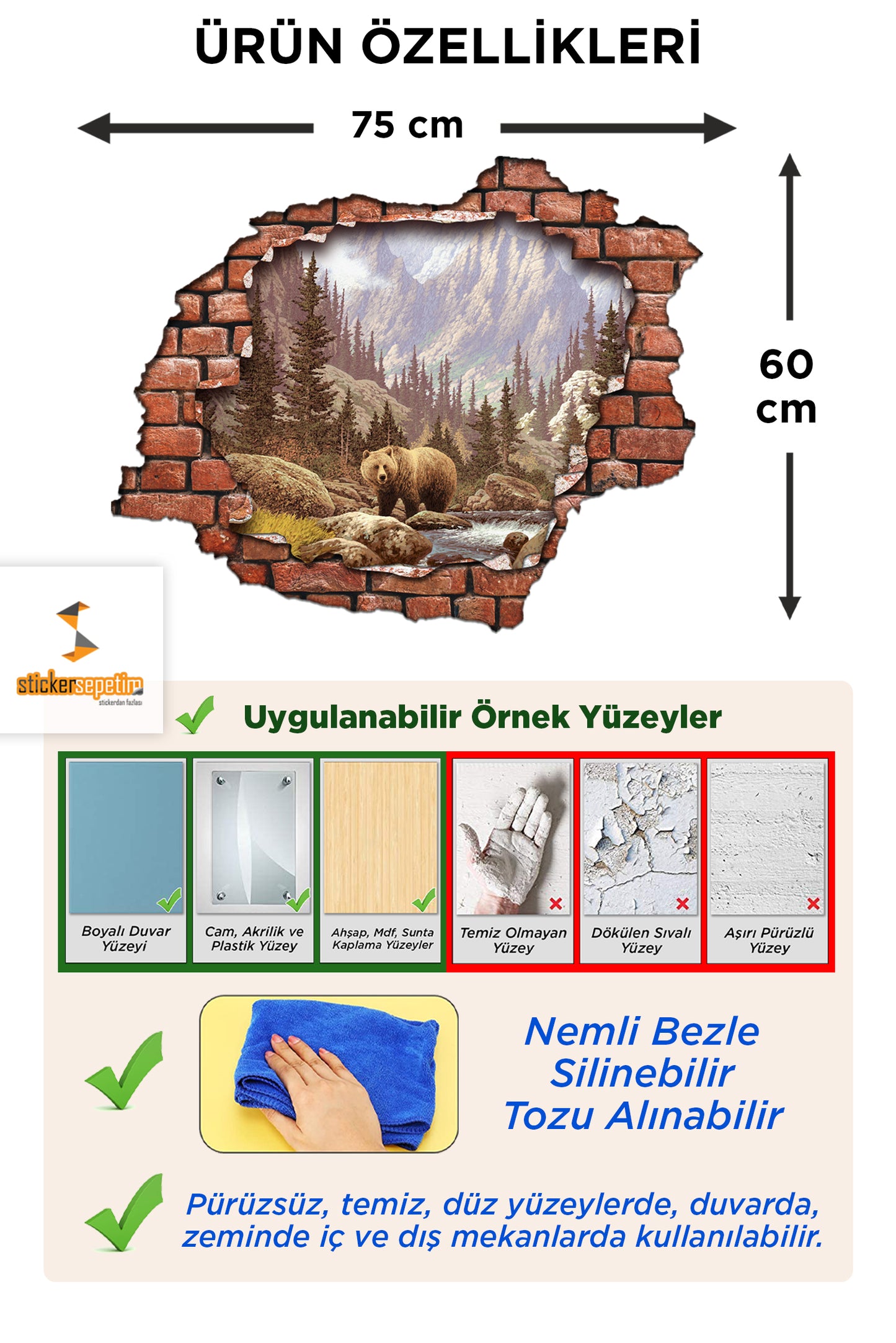 Kırık Tuğla Desen Yellowstone Üç Boyutlu 3D Dekoratif Duvar Sticker