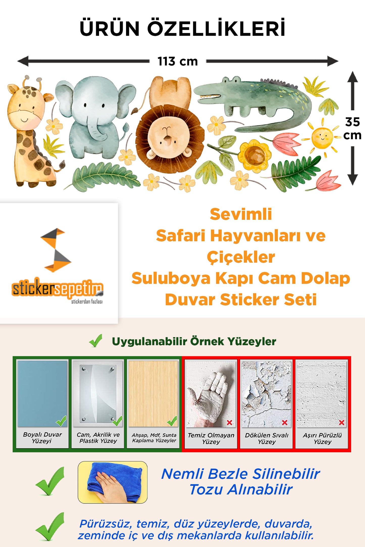 Sevimli Safari Hayvanları ve Çiçekler Suluboya Kapı Cam Dolap Duvar Sticker Seti