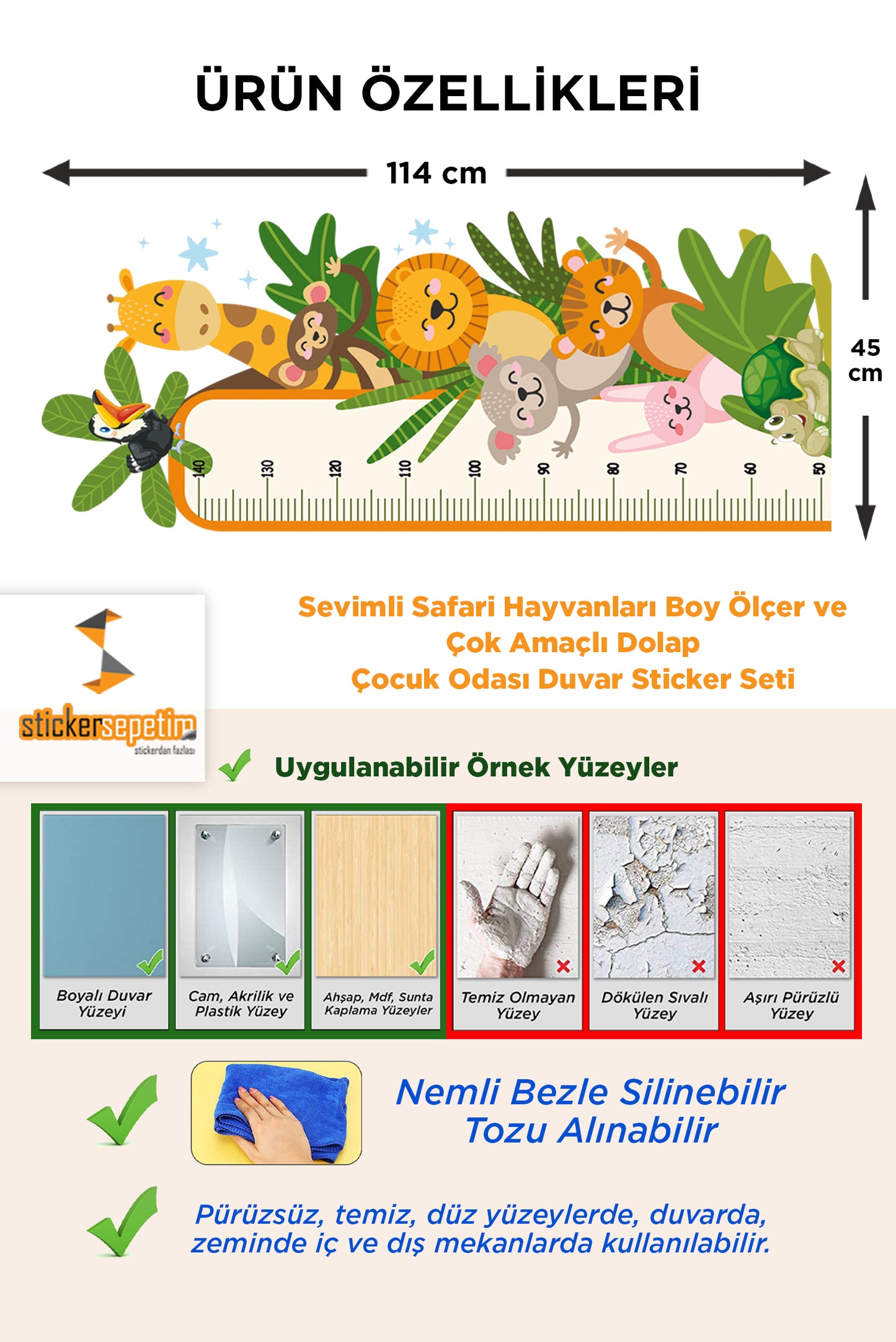 Sevimli Safari Hayvanları Boy Ölçer ve Çok Amaçlı Dolap Çocuk Odası Duvar Sticker Seti