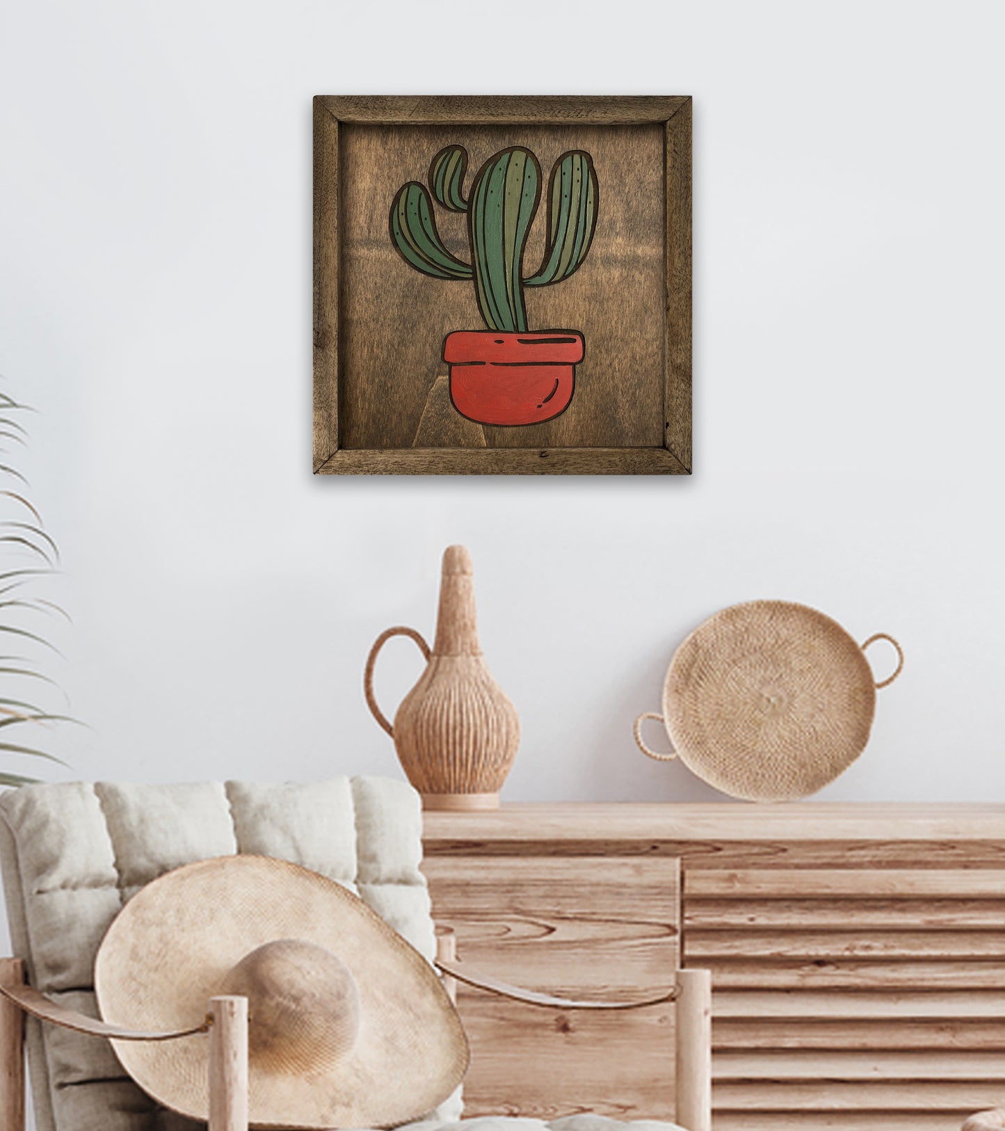 Woodfire Çizgisel Kaktüs I Ahşap Tablo - Cactus I Wooden Wall Art Deco