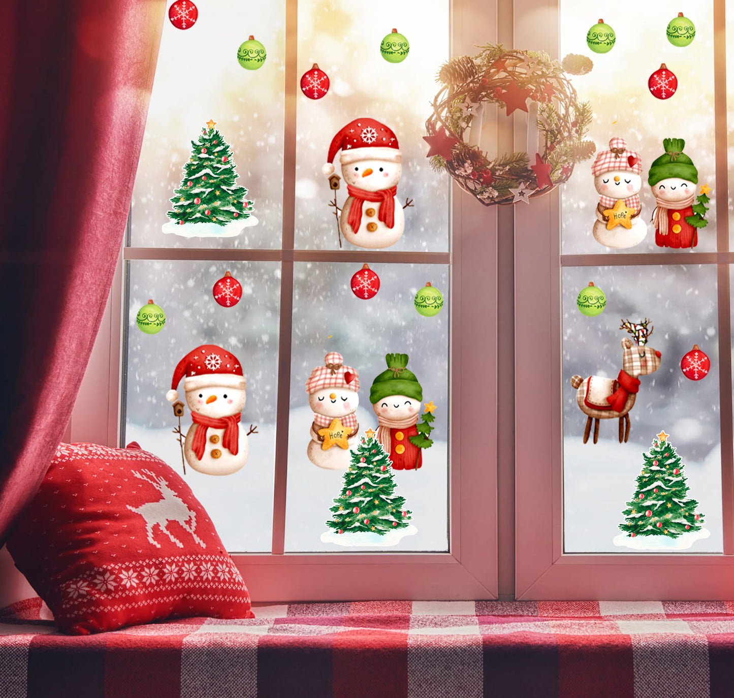 Yılbaşı Temalı Yeni Yıl Süsleri Çam Ağacı ve Kardan Adam Christmast Cam,  Kapı, Duvar Sticker Seti