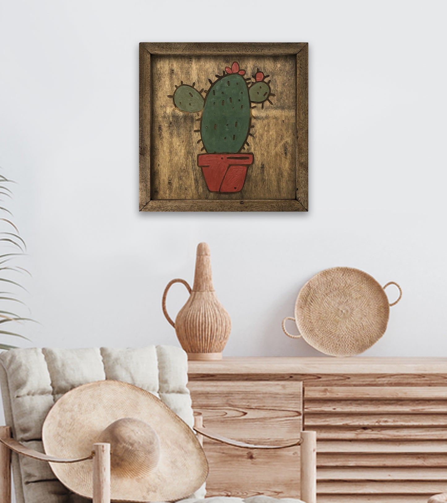 Woodfire Çizgisel Çiçekli Kaktüs V Ahşap Tablo - Cactus I Wooden Wall Art Deco