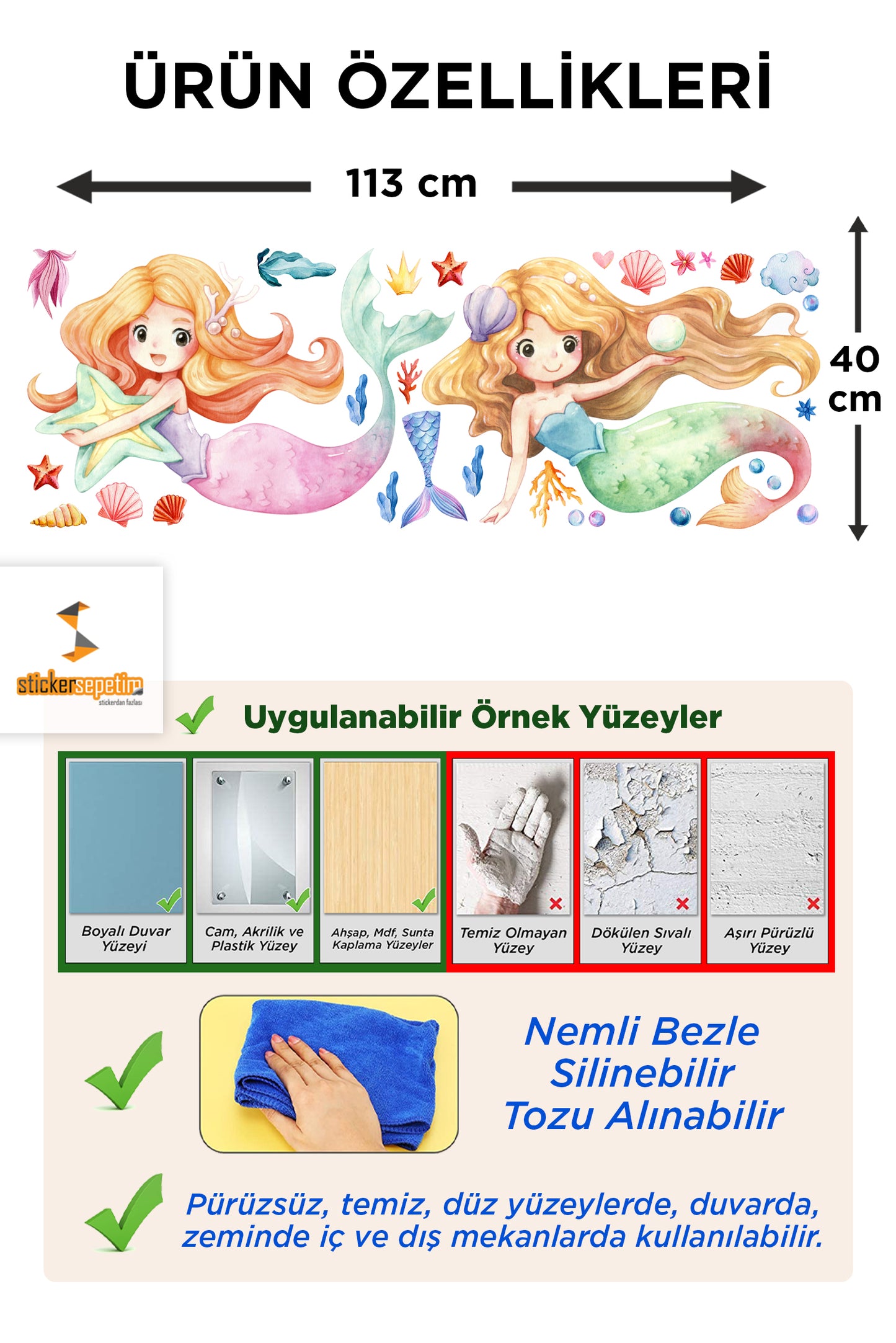 Deniz Kızı, Deniz Bitkileri, Deniz Yıldızı, Deniz Kabukları Suluboya Çocuk Odası Duvar Sticker