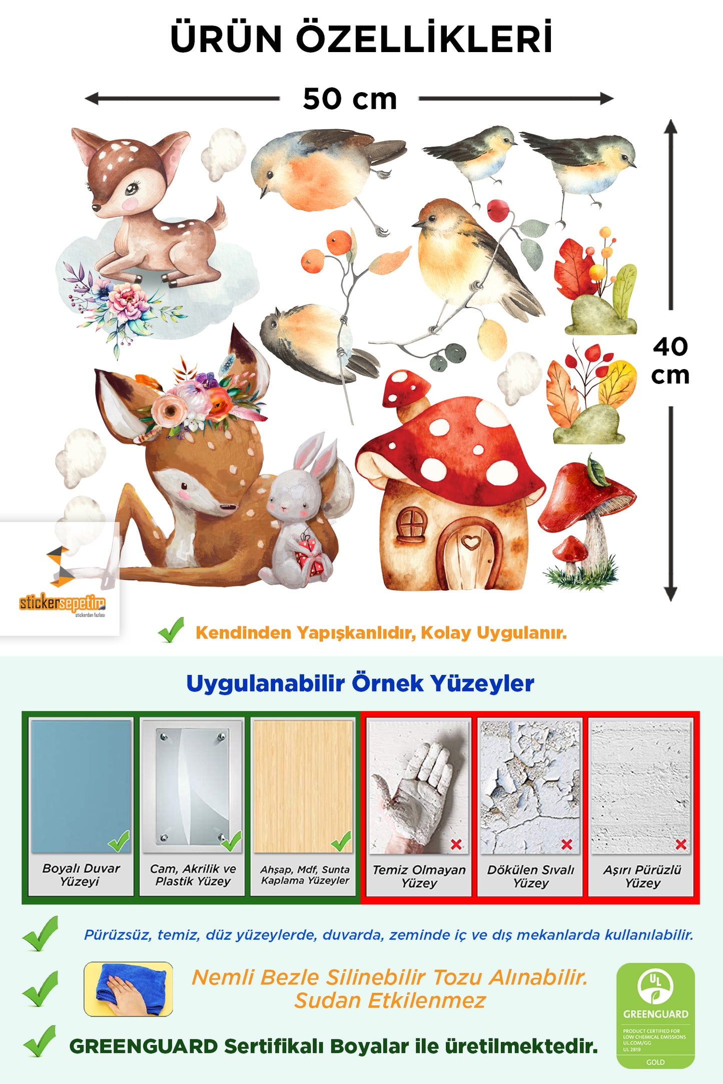 Sevimli Ceylan, Tavşan ve Kuşlar Çocuk Odası Duvar Sticker Cam Sticker