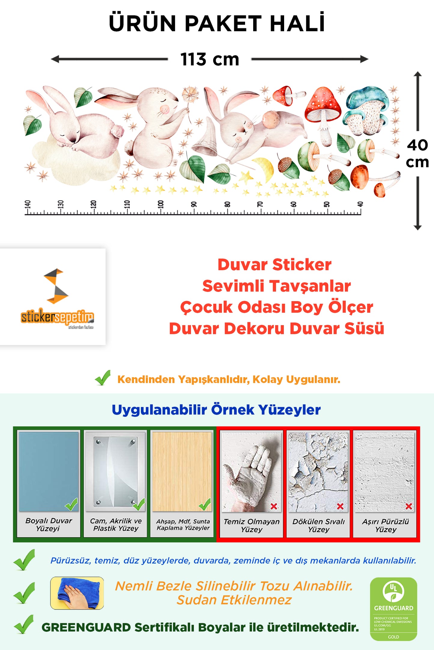 Duvar Sticker - Sevimli Tavşanlar Çocuk Odası Duvar Sticker Boy Ölçer Duvar Dekoru Duvar