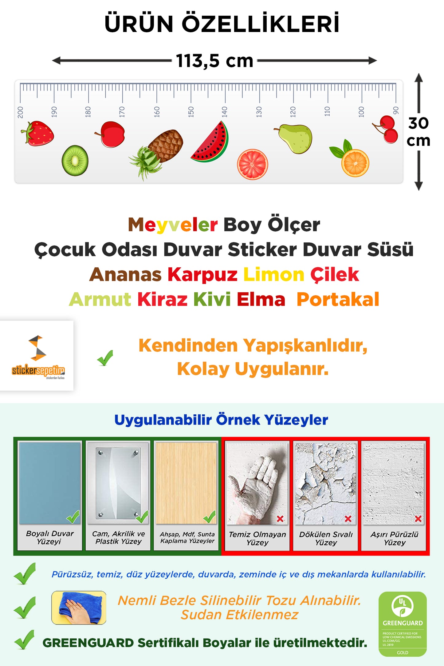 Meyveler Boy Ölçer Çocuk Odası Duvar Sticker Duvar Süsü Muz Karpuz Çilek Kiraz