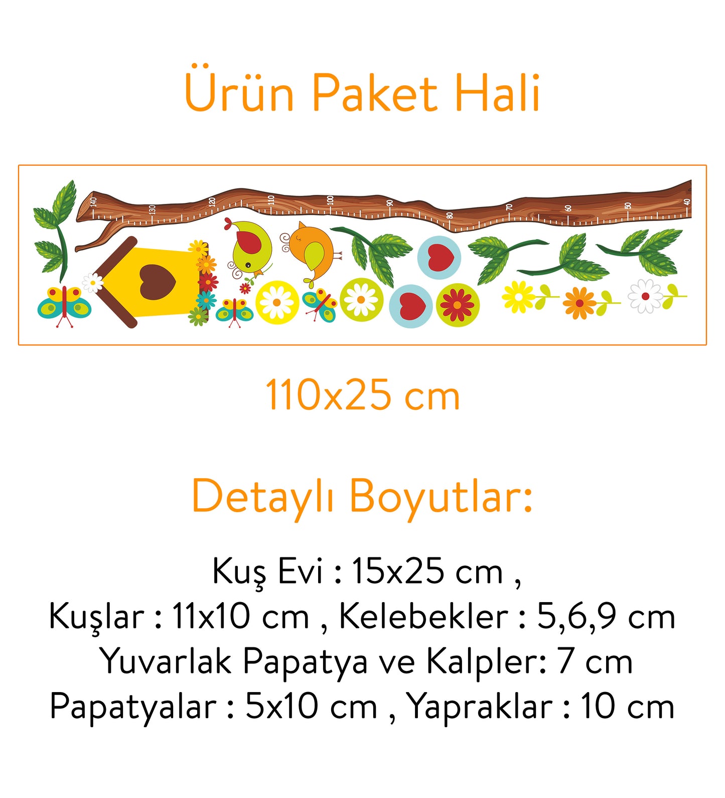 Ağaç Dalı Boy Ölçer , Kuş Yuvası, Kuşlar ,Kelebekler Dekoratif Çocuk Odası Duvar Sticker