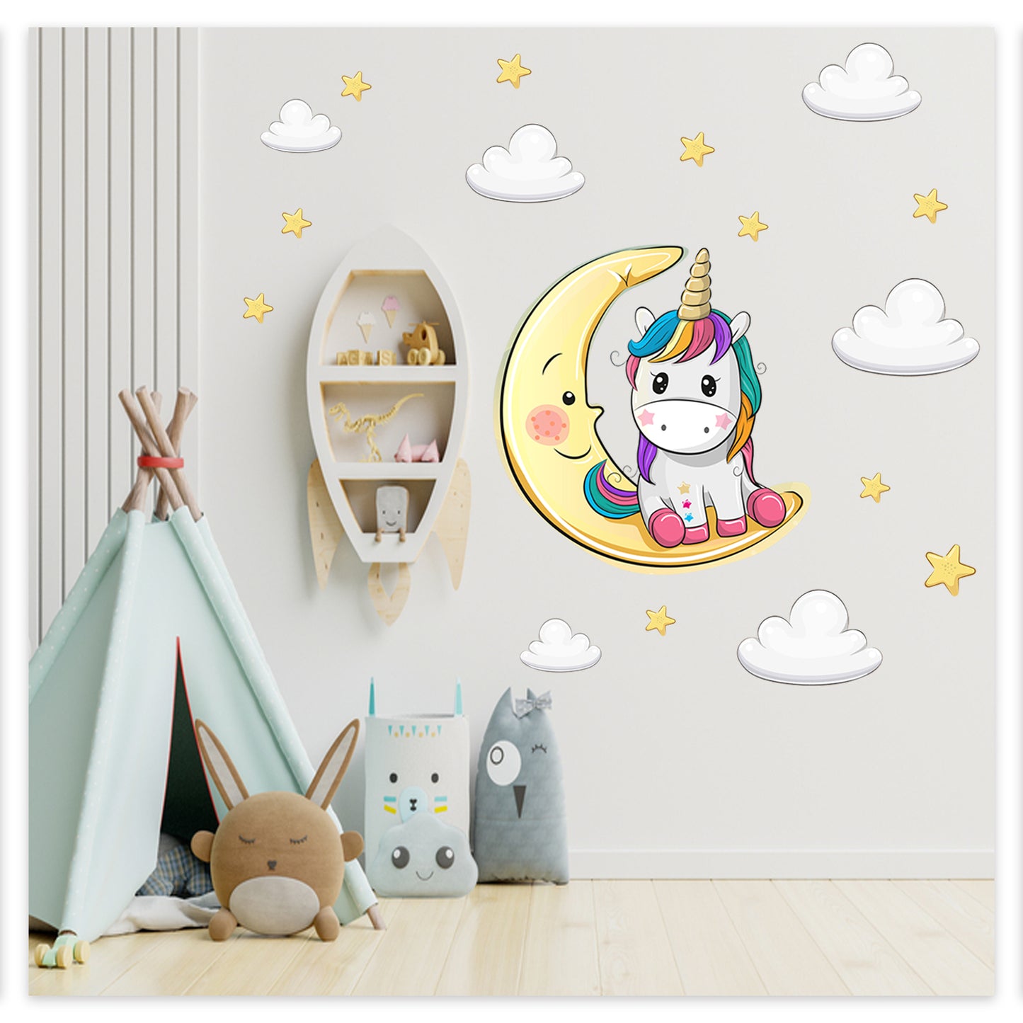 Ayda Oturan Yavru Unicorn  Bulutlar ve Yıldızlar Çocuk Odası Duvar Sticker