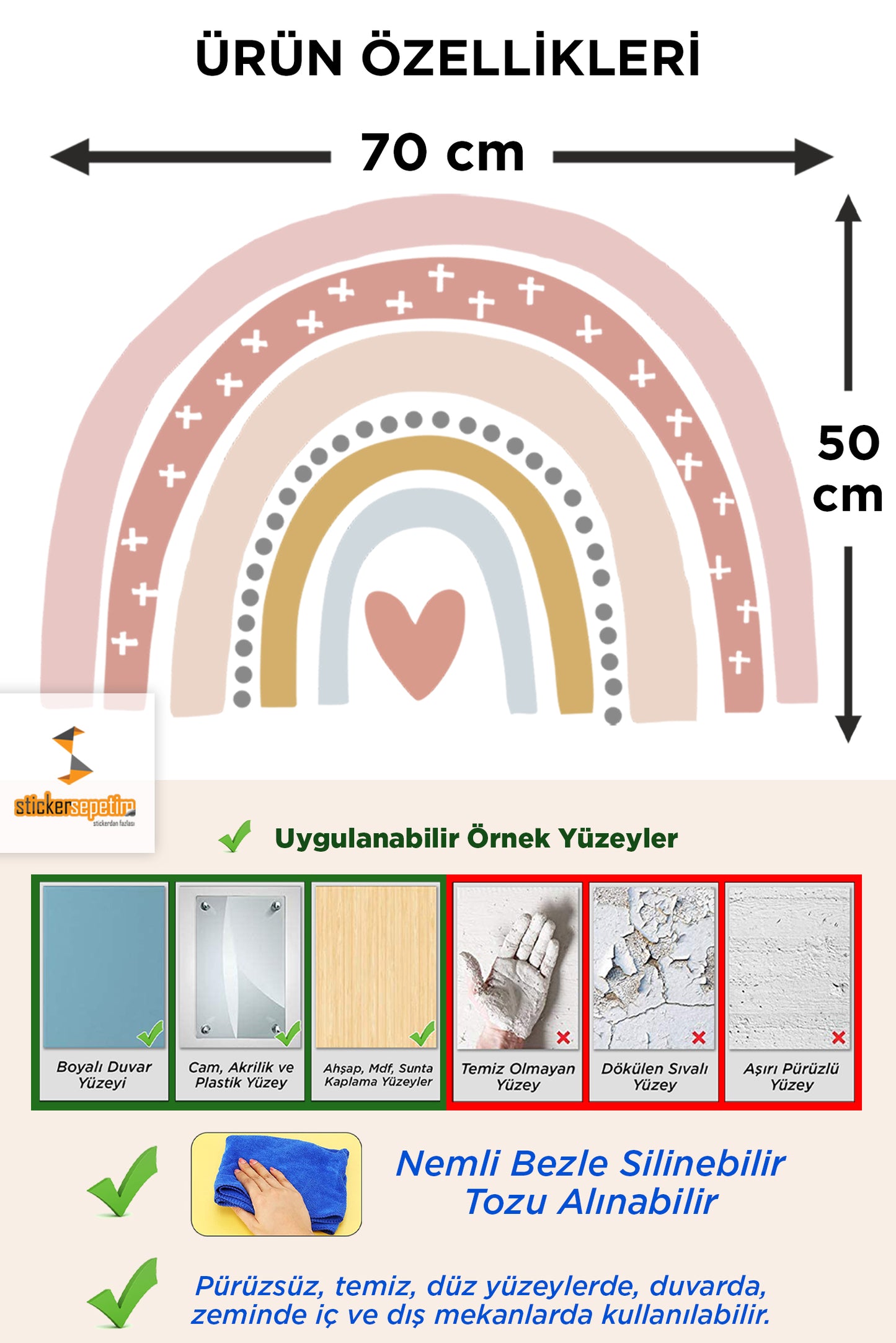 Çocuk Odası Duvar Sticker Kalp Ve Puantiyeli Soft Renkli Gökkuşağı Duvar Süsü