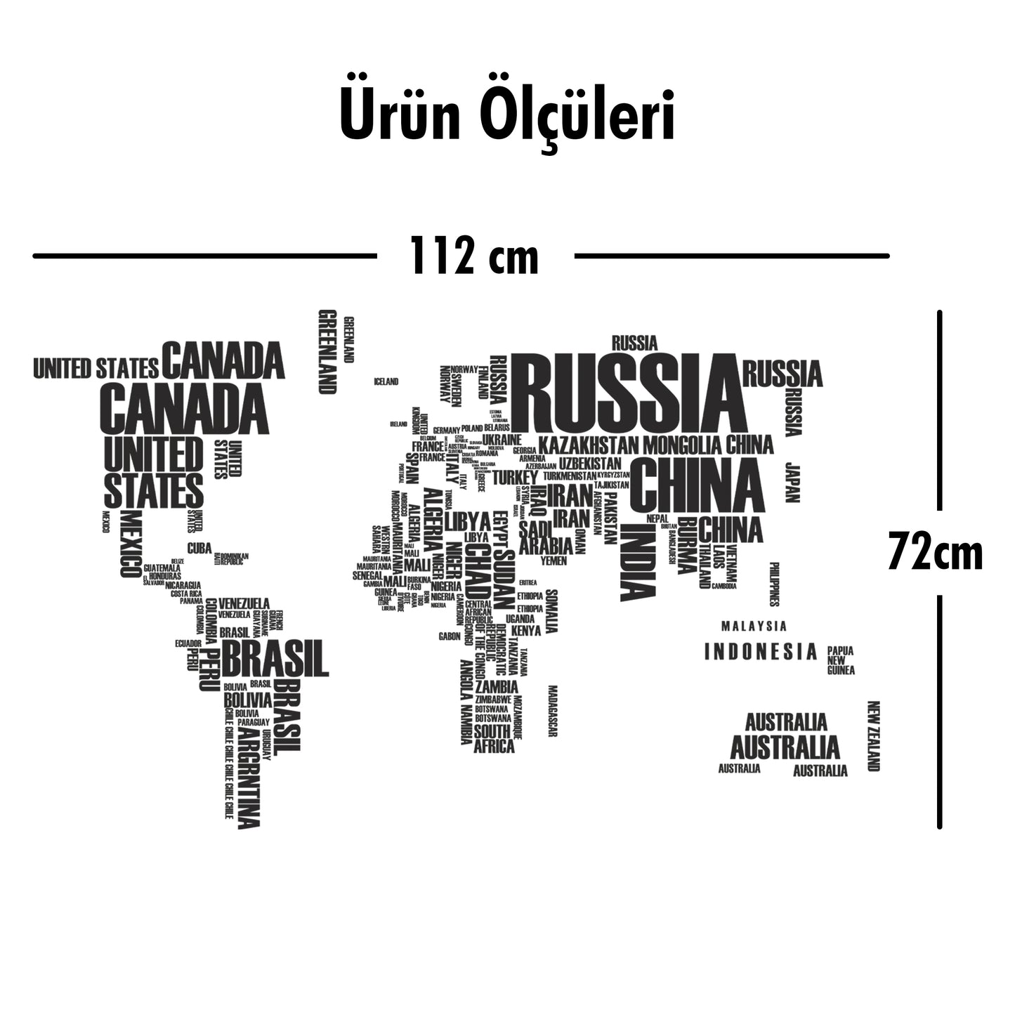 Duvar Dekoru - Ülke İsimleri Dünya Haritası Dekoratif Duvar Sticker