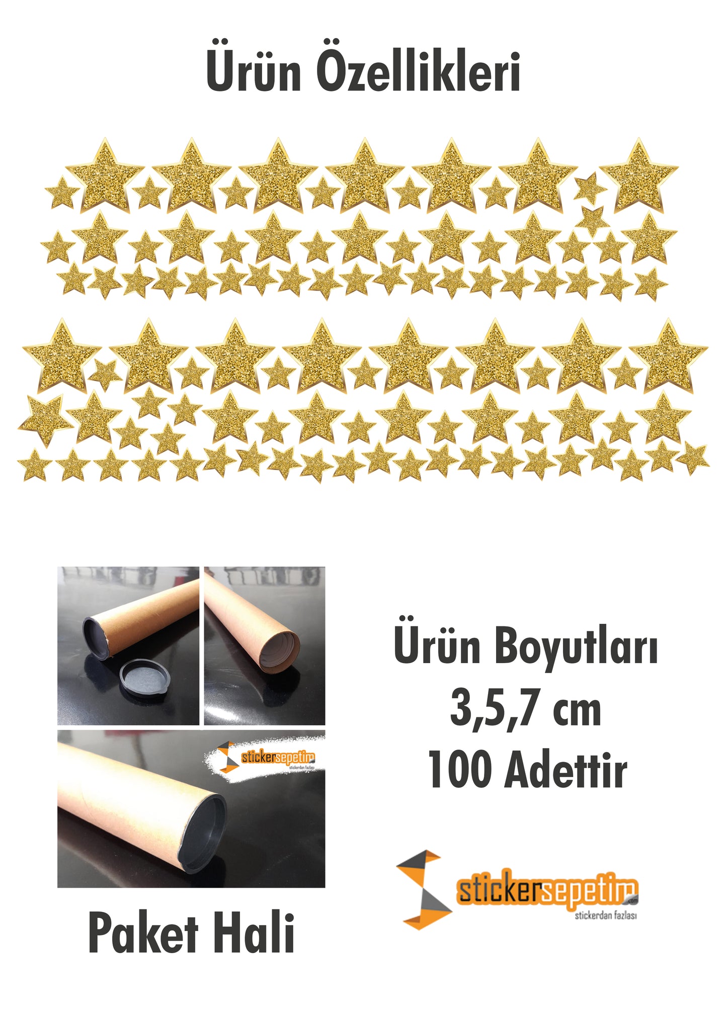 Gold Sarı Yıldız Yağmuru 3,5,7 cm XL 100 Adet Çocuk Odası Duvar Sticker