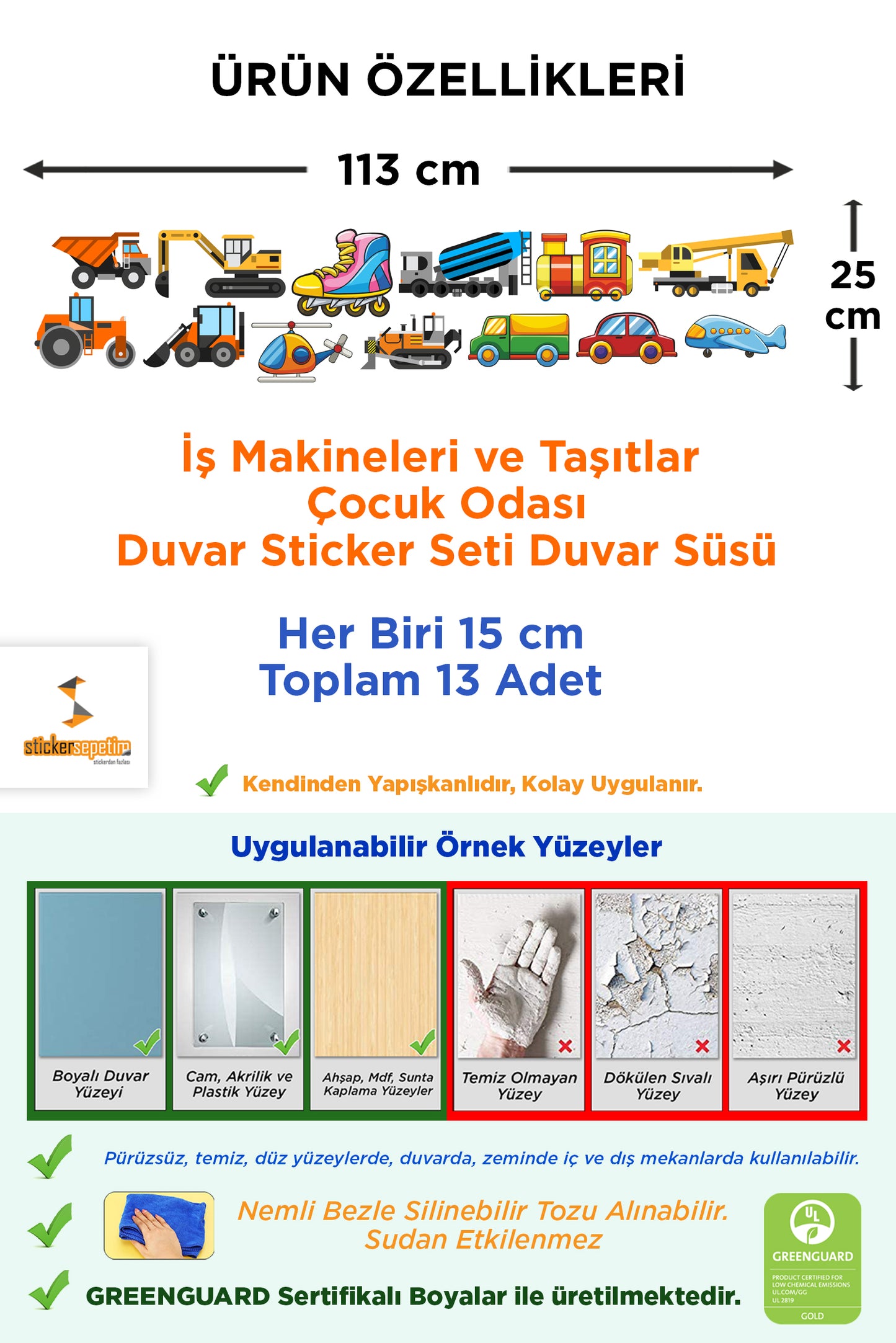 İş Makineleri ve Taşıtlar Çocuk Odası Duvar Sticker Duvar Süsü