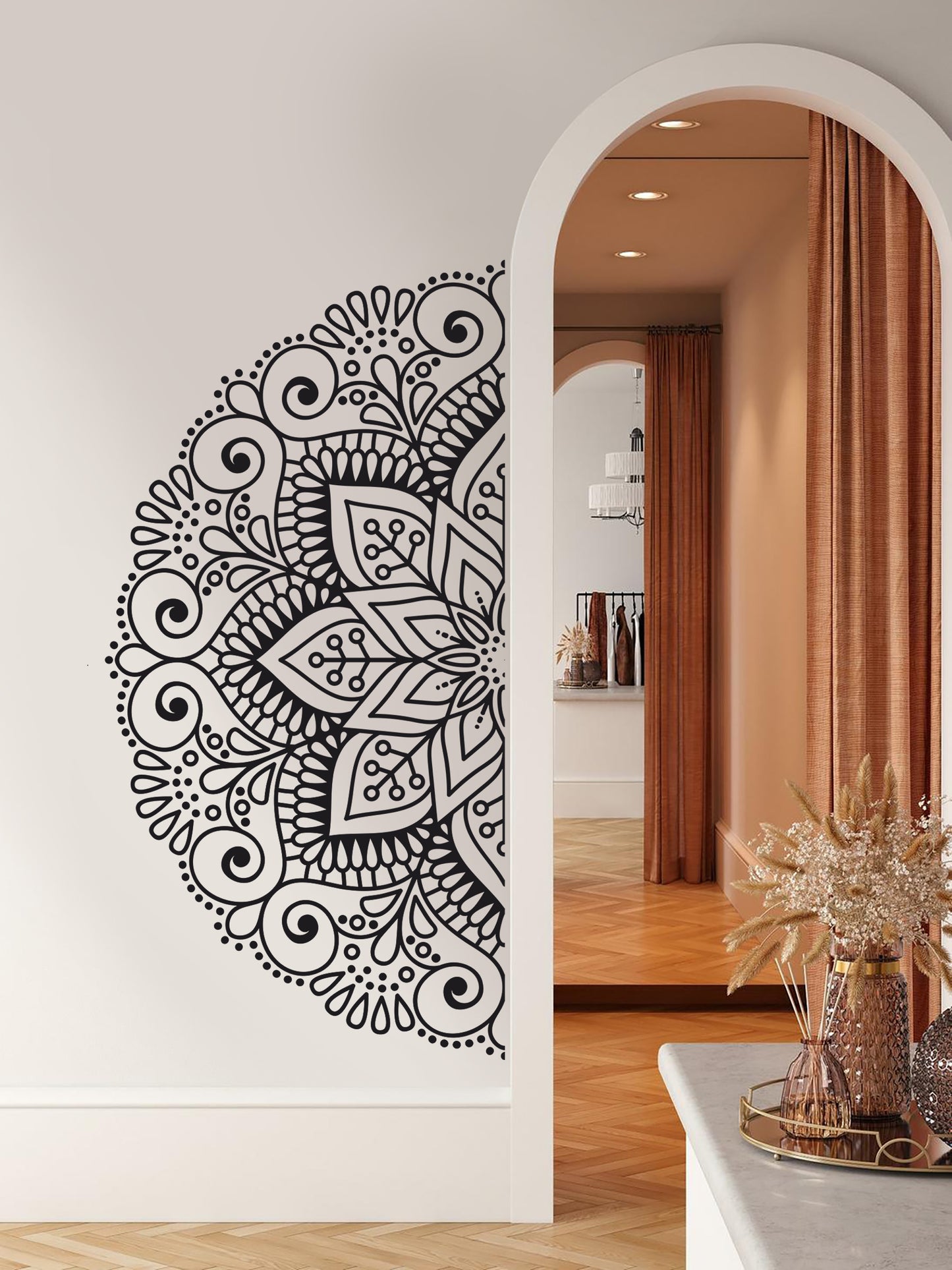 Mandala Çiçek Dekoratif Duvar Sticker - Yarım Yuvarlak Duvar Dekoru