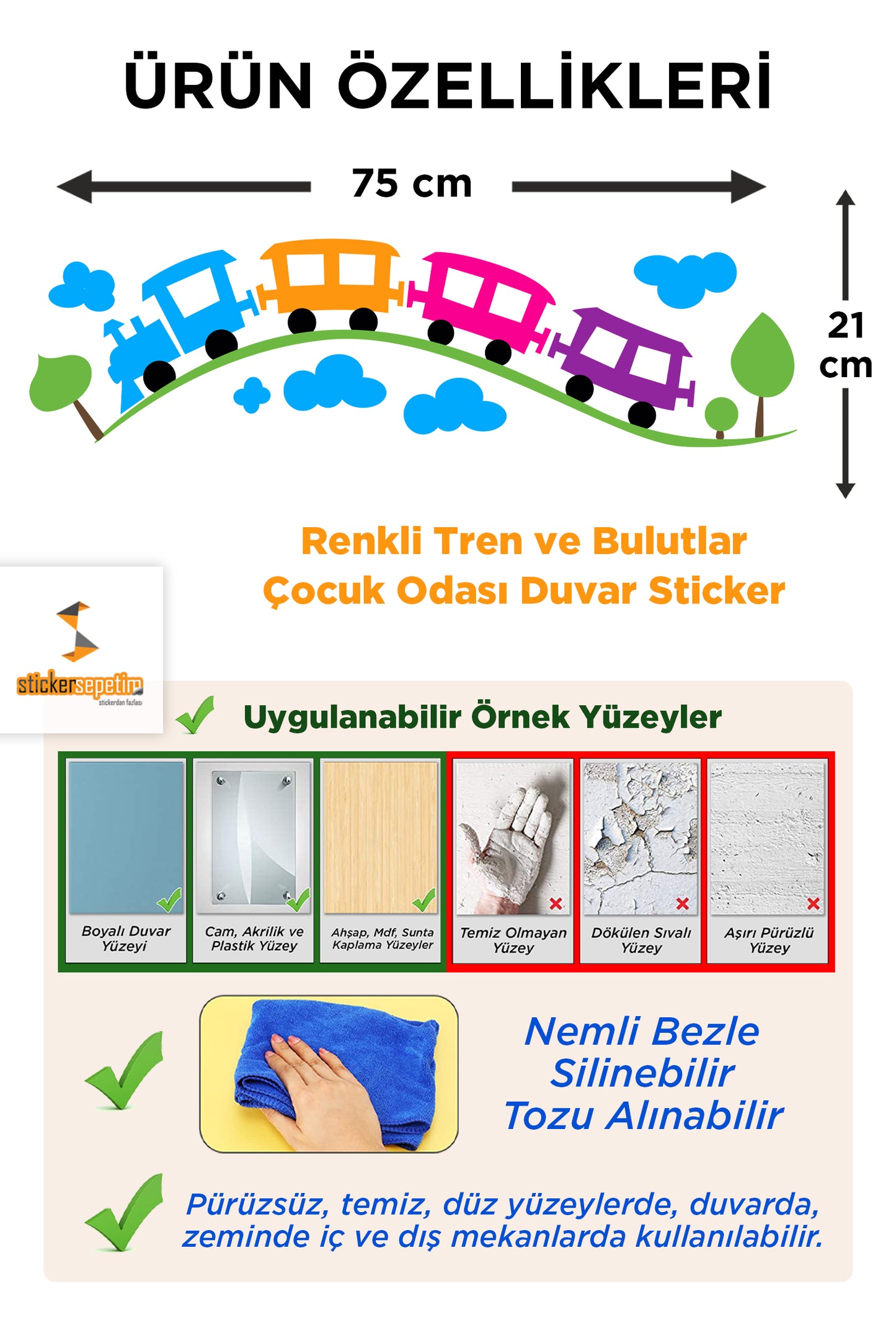 Renkli Tren ve Bulutlar Çocuk Odası Duvar Sticker