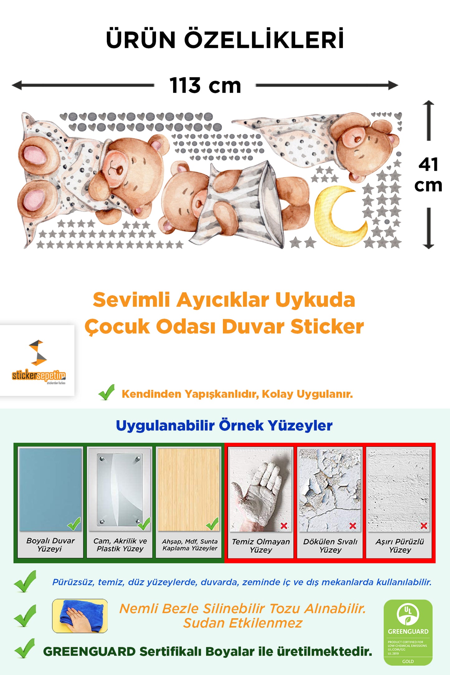 Sevimli Ayıcıklar Uykuda Yıldız Kalp Ve Puantiye Çocuk Odası Duvar Sticker Duvar Süsü