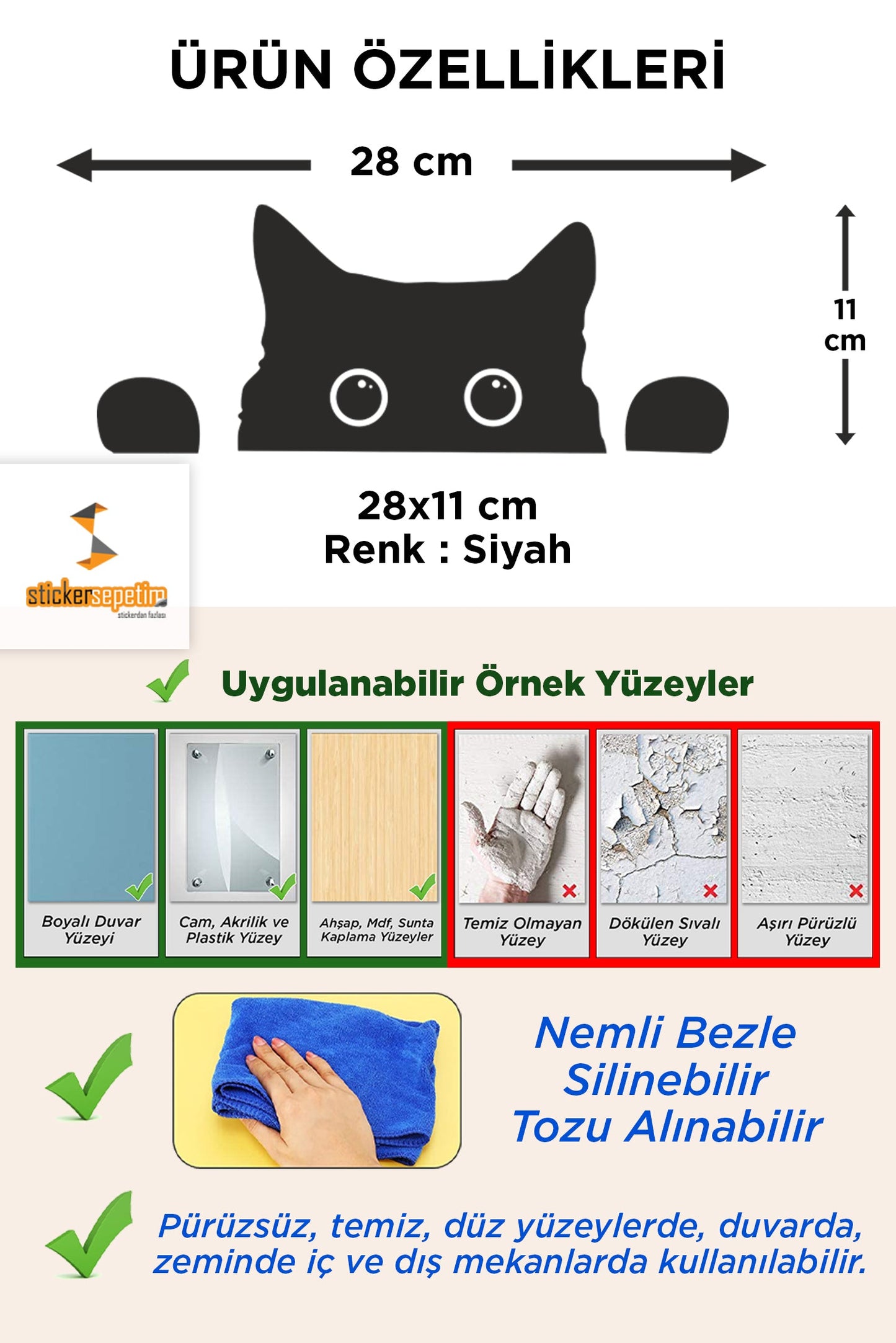 Duvar Sticker - Sevimli Bakan Kedi Dekoratif Çok Amaçlı Sticker Duvar Süsü