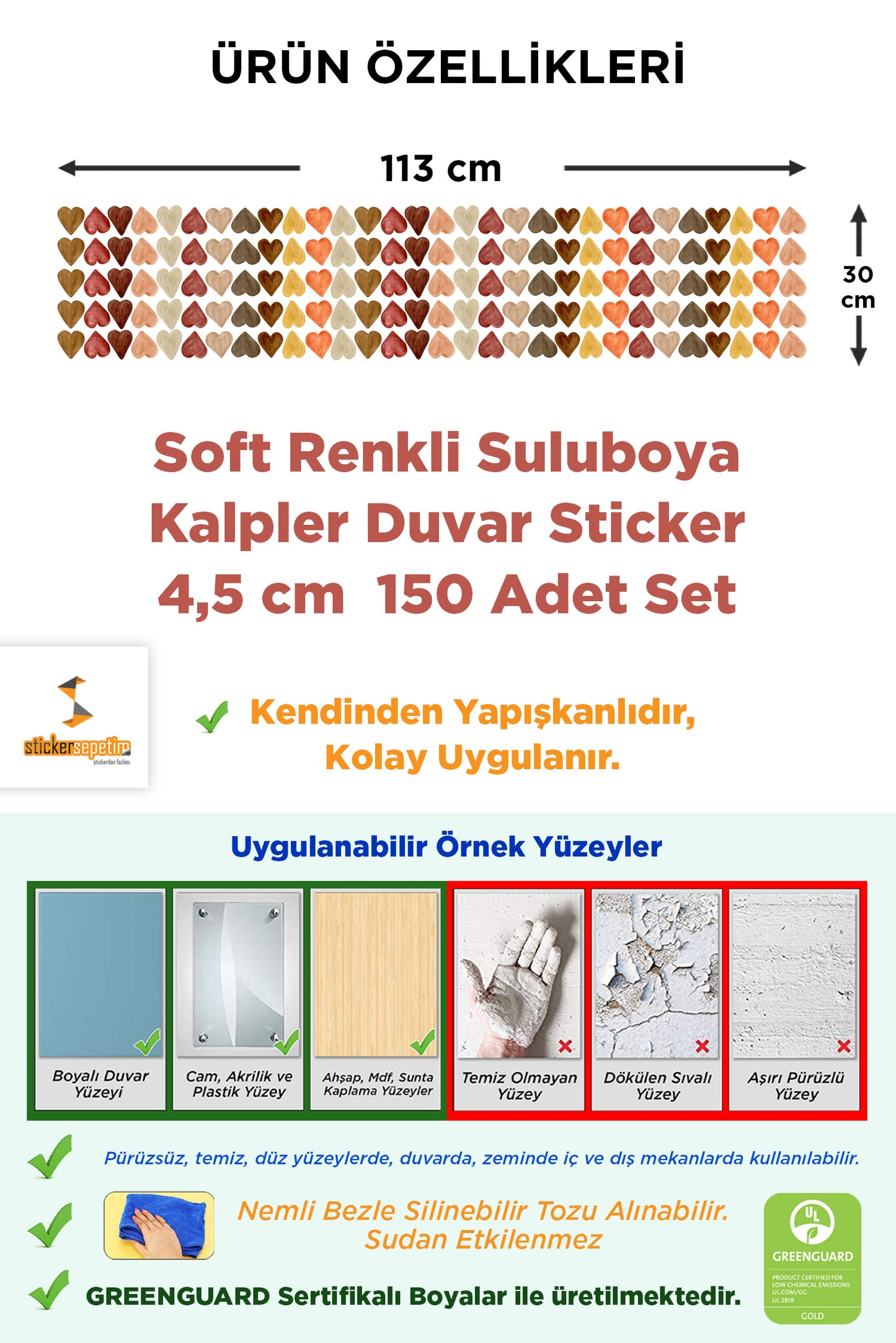 Soft Renkli Suluboya Kalpler Çocuk Odası Duvar Sticker 4,5 cm  150 Adet Set