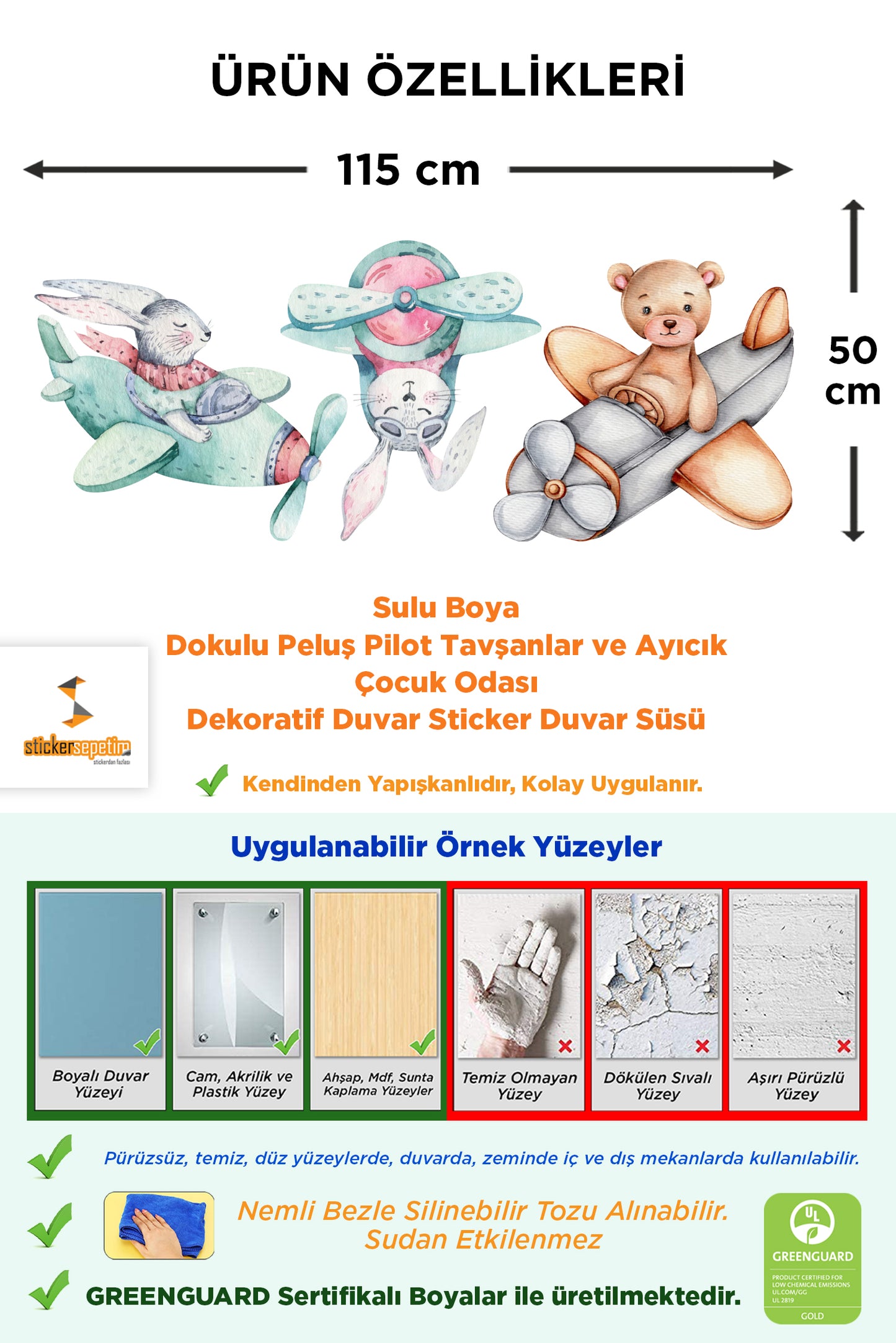 Sulu Boya Dokulu Peluş Pilot Tavşalar ve Ayıcık Çocuk Odası Duvar Sticker Seti Duvar Süsü