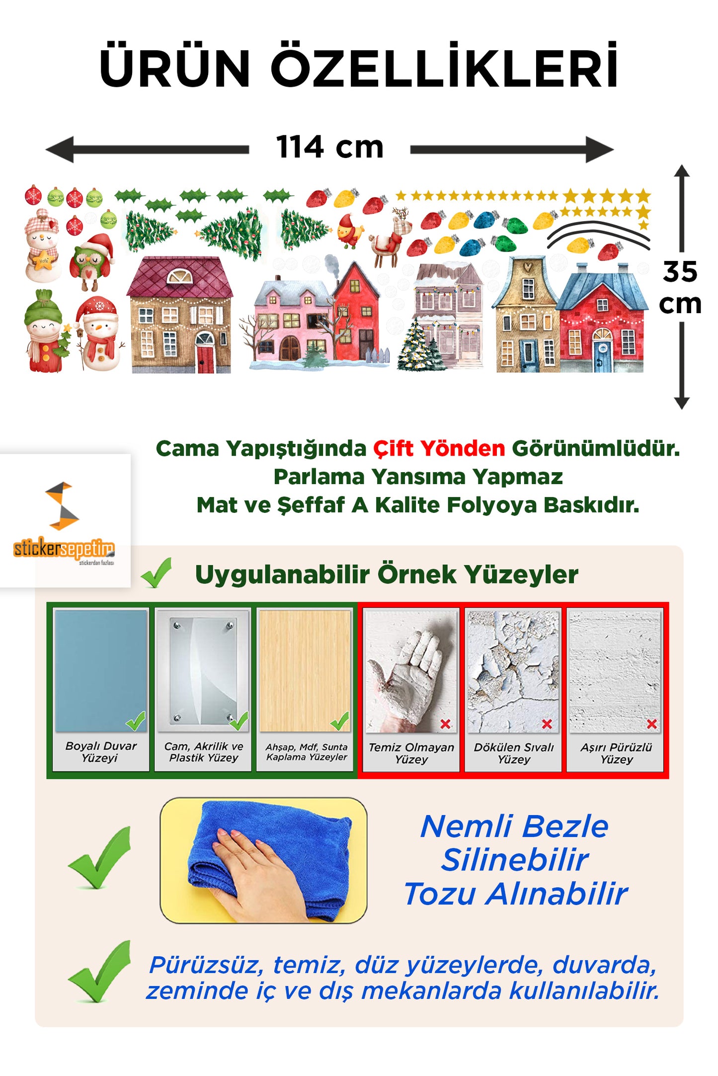 Yılbaşı Temalı Karlı Şehir, Evler Kardan Adam Christmas Çift Yönlü Şeffaf Cam, Duvar Sticker Seti